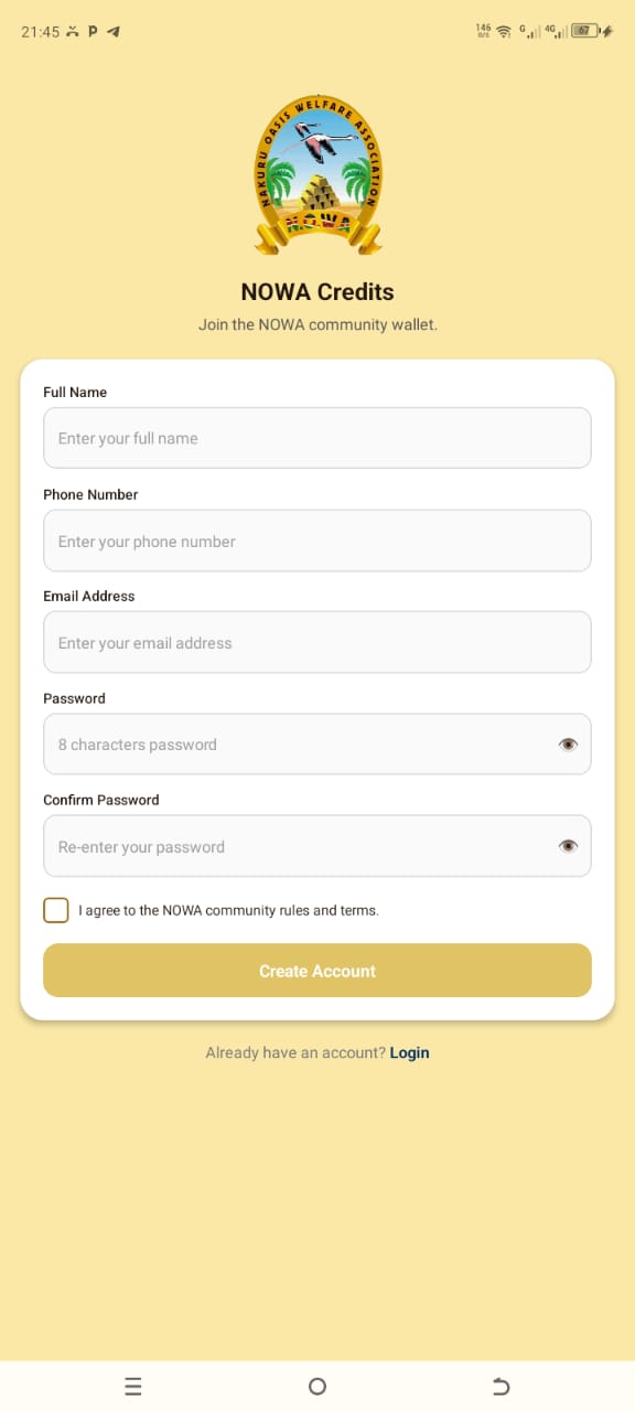 Create an account screen